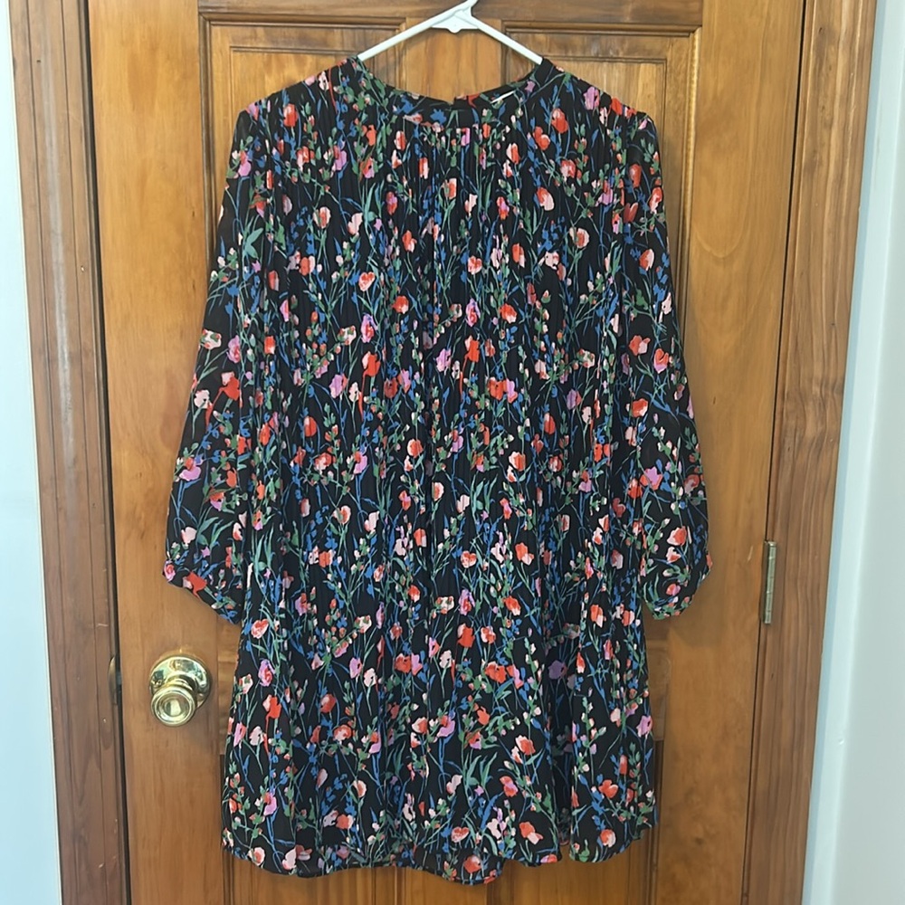 Zara The Annie Black Floral Pleated Flowy Long Sleeve Mini Dress Size M